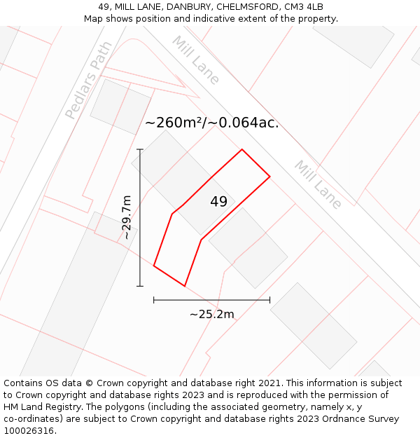 49, MILL LANE, DANBURY, CHELMSFORD, CM3 4LB: Plot and title map