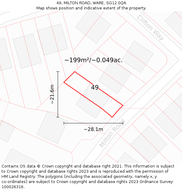 49, MILTON ROAD, WARE, SG12 0QA: Plot and title map