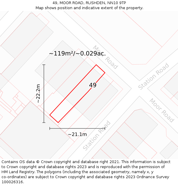 49, MOOR ROAD, RUSHDEN, NN10 9TP: Plot and title map