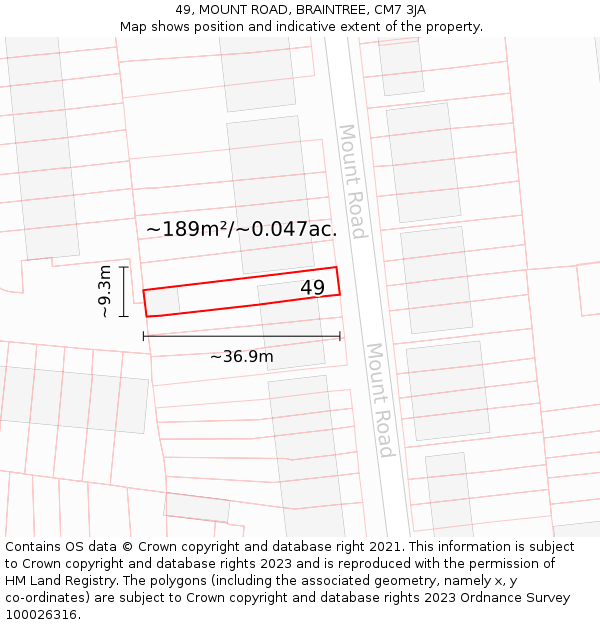 49, MOUNT ROAD, BRAINTREE, CM7 3JA: Plot and title map
