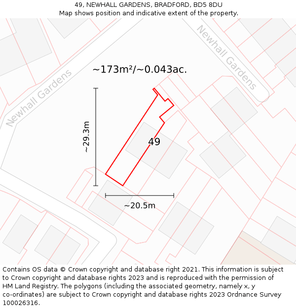 49, NEWHALL GARDENS, BRADFORD, BD5 8DU: Plot and title map