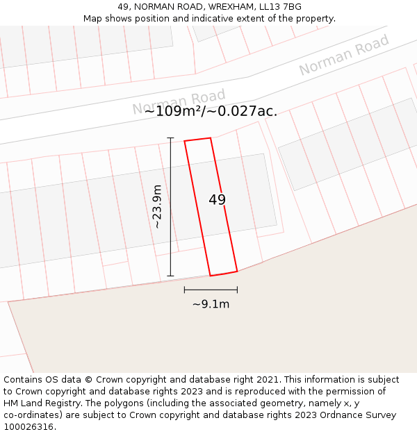 49, NORMAN ROAD, WREXHAM, LL13 7BG: Plot and title map