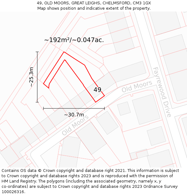 49, OLD MOORS, GREAT LEIGHS, CHELMSFORD, CM3 1GX: Plot and title map