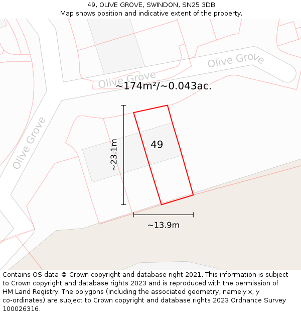 49, OLIVE GROVE, SWINDON, SN25 3DB: Plot and title map