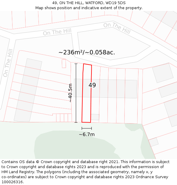 49, ON THE HILL, WATFORD, WD19 5DS: Plot and title map
