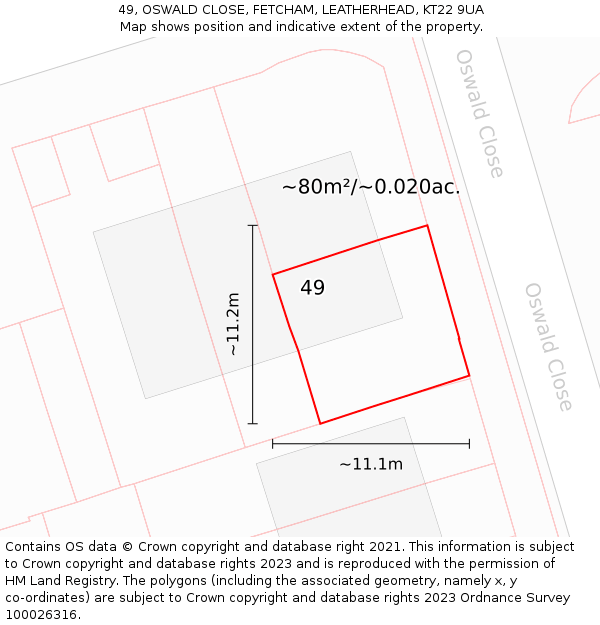 49, OSWALD CLOSE, FETCHAM, LEATHERHEAD, KT22 9UA: Plot and title map