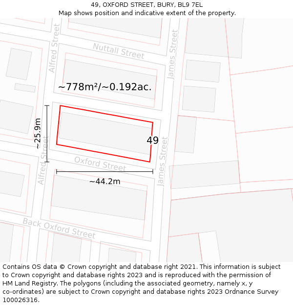 49, OXFORD STREET, BURY, BL9 7EL: Plot and title map