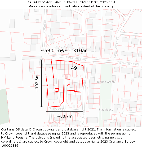 49, PARSONAGE LANE, BURWELL, CAMBRIDGE, CB25 0EN: Plot and title map