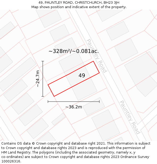 49, PAUNTLEY ROAD, CHRISTCHURCH, BH23 3JH: Plot and title map