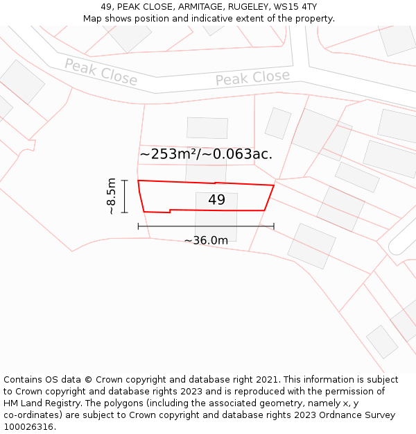 49, PEAK CLOSE, ARMITAGE, RUGELEY, WS15 4TY: Plot and title map