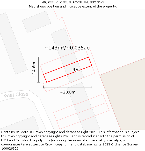49, PEEL CLOSE, BLACKBURN, BB2 3NG: Plot and title map
