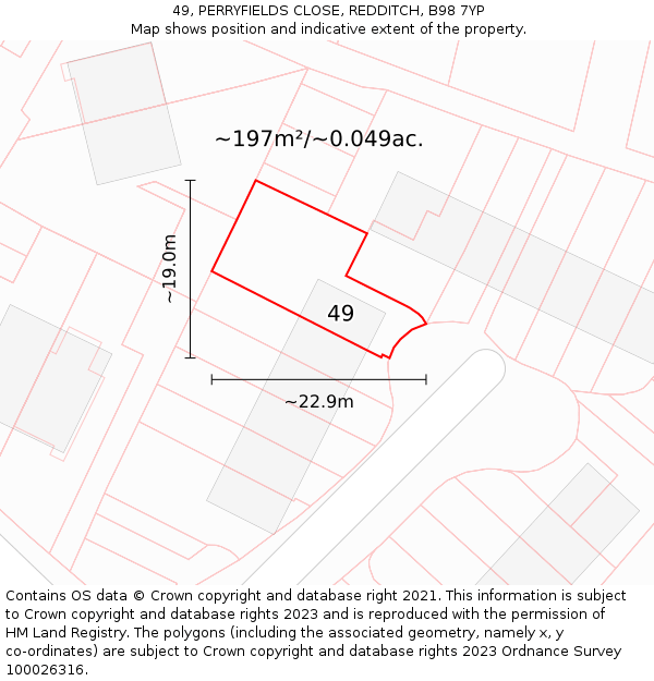 49, PERRYFIELDS CLOSE, REDDITCH, B98 7YP: Plot and title map