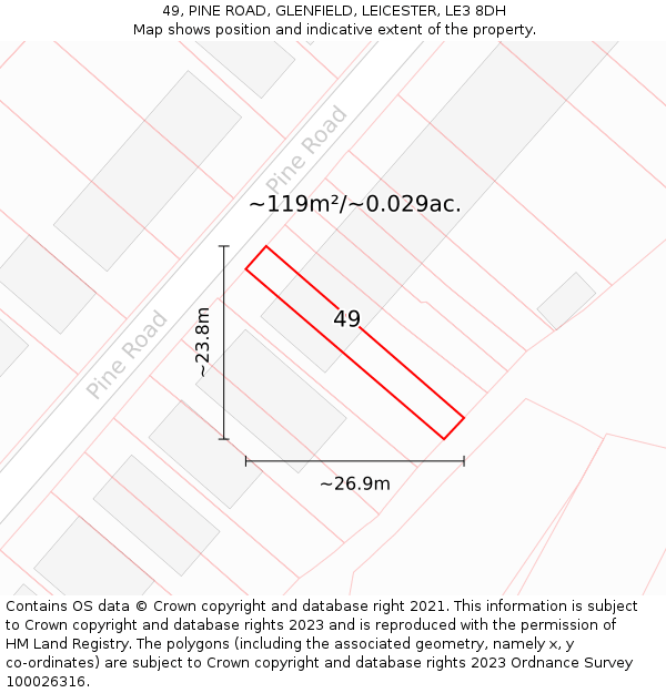 49, PINE ROAD, GLENFIELD, LEICESTER, LE3 8DH: Plot and title map