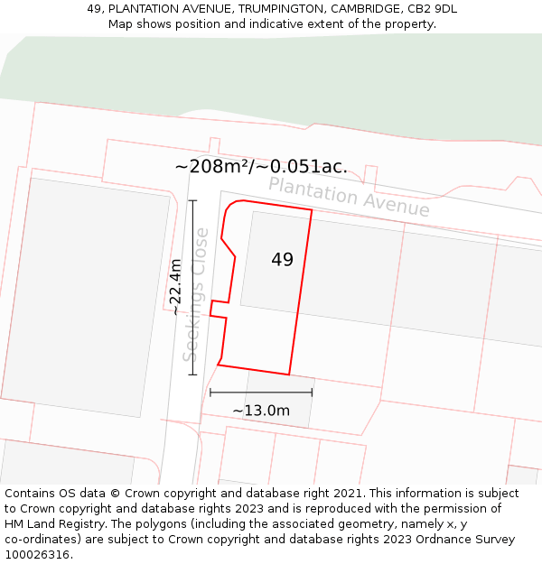 49, PLANTATION AVENUE, TRUMPINGTON, CAMBRIDGE, CB2 9DL: Plot and title map