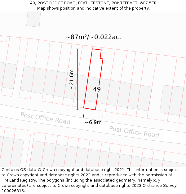 49, POST OFFICE ROAD, FEATHERSTONE, PONTEFRACT, WF7 5EP: Plot and title map