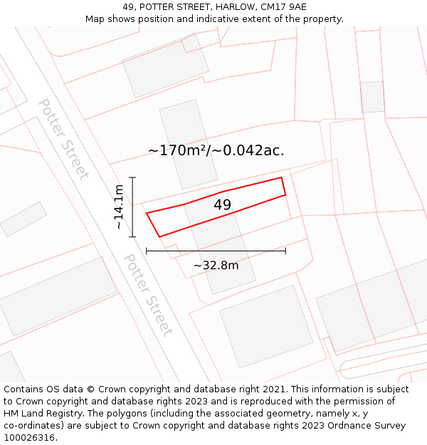 49, POTTER STREET, HARLOW, CM17 9AE: Plot and title map