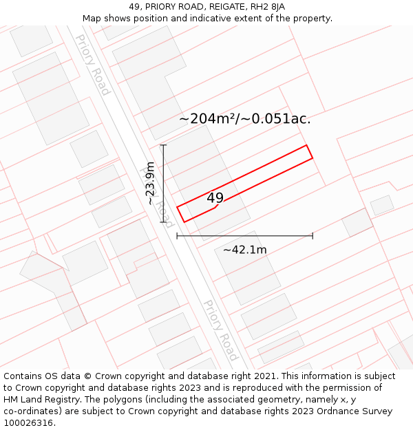 49, PRIORY ROAD, REIGATE, RH2 8JA: Plot and title map