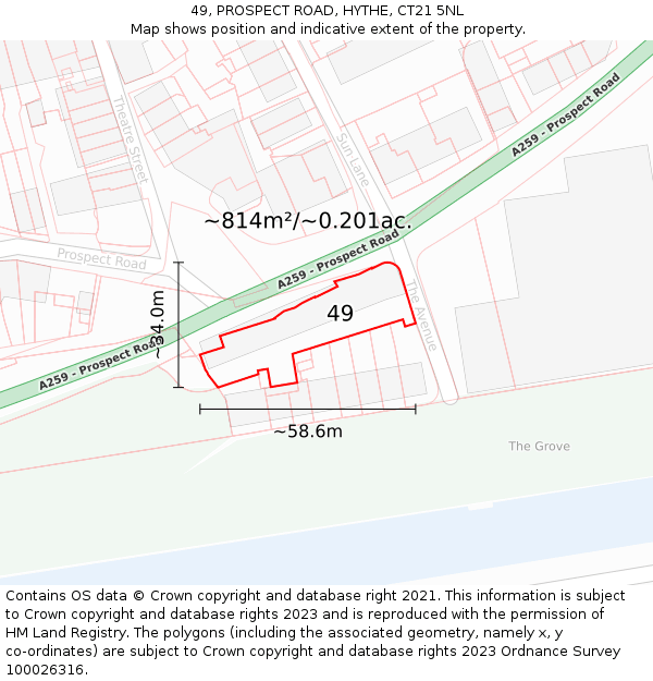 49, PROSPECT ROAD, HYTHE, CT21 5NL: Plot and title map