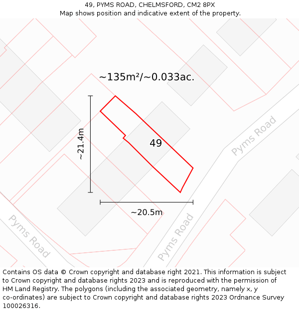 49, PYMS ROAD, CHELMSFORD, CM2 8PX: Plot and title map