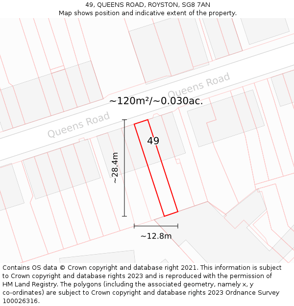 49, QUEENS ROAD, ROYSTON, SG8 7AN: Plot and title map