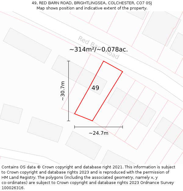 49, RED BARN ROAD, BRIGHTLINGSEA, COLCHESTER, CO7 0SJ: Plot and title map