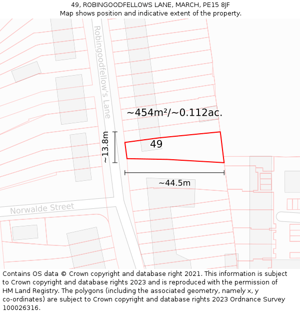 49, ROBINGOODFELLOWS LANE, MARCH, PE15 8JF: Plot and title map