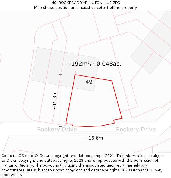 49, ROOKERY DRIVE, LUTON, LU2 7FG: Plot and title map