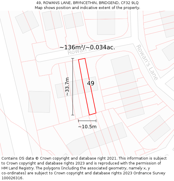 49, ROWANS LANE, BRYNCETHIN, BRIDGEND, CF32 9LQ: Plot and title map