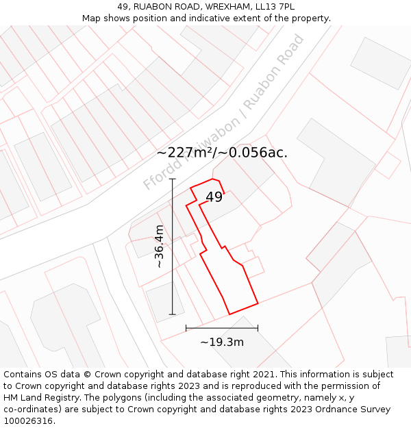 49, RUABON ROAD, WREXHAM, LL13 7PL: Plot and title map