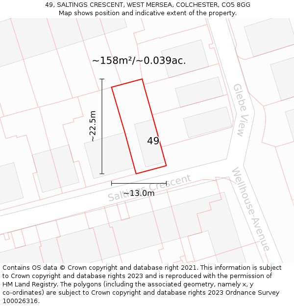 49, SALTINGS CRESCENT, WEST MERSEA, COLCHESTER, CO5 8GG: Plot and title map