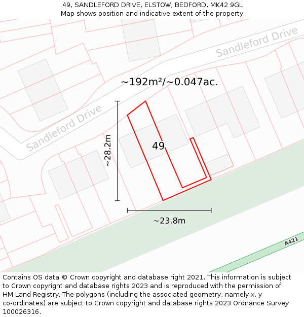 49, SANDLEFORD DRIVE, ELSTOW, BEDFORD, MK42 9GL: Plot and title map