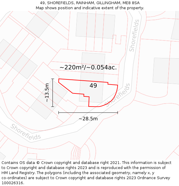 49, SHOREFIELDS, RAINHAM, GILLINGHAM, ME8 8SA: Plot and title map