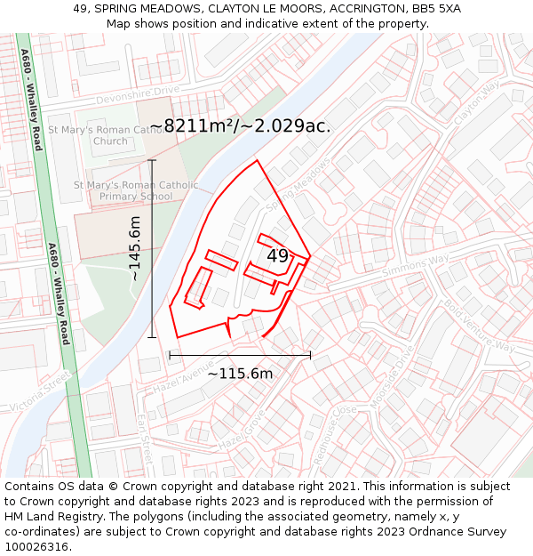 49, SPRING MEADOWS, CLAYTON LE MOORS, ACCRINGTON, BB5 5XA: Plot and title map