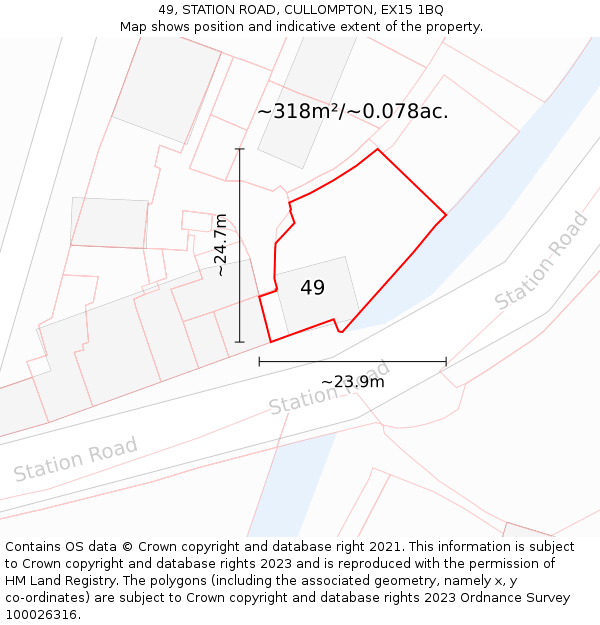 49, STATION ROAD, CULLOMPTON, EX15 1BQ: Plot and title map