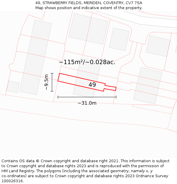 49, STRAWBERRY FIELDS, MERIDEN, COVENTRY, CV7 7SA: Plot and title map