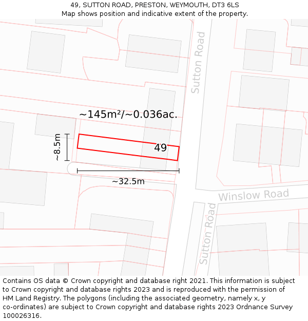 49, SUTTON ROAD, PRESTON, WEYMOUTH, DT3 6LS: Plot and title map