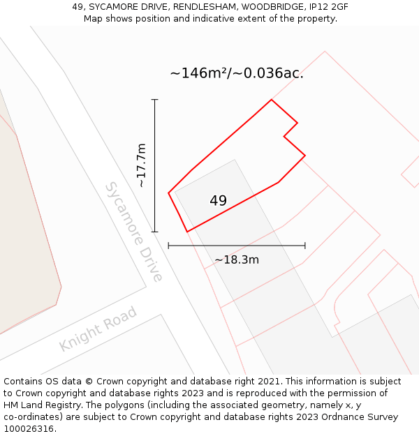 49, SYCAMORE DRIVE, RENDLESHAM, WOODBRIDGE, IP12 2GF: Plot and title map
