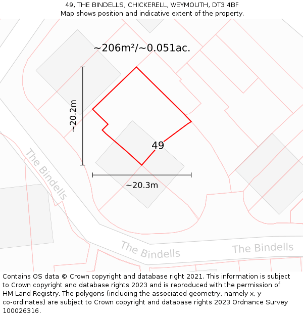 49, THE BINDELLS, CHICKERELL, WEYMOUTH, DT3 4BF: Plot and title map