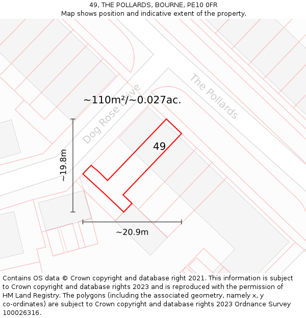 49, THE POLLARDS, BOURNE, PE10 0FR: Plot and title map