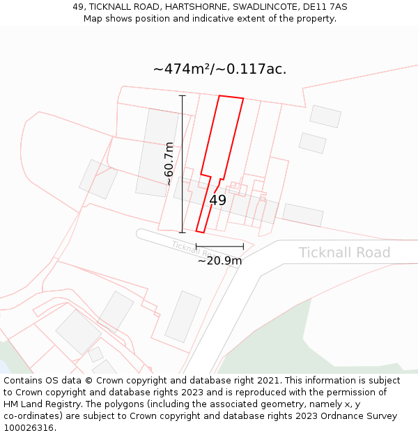 49, TICKNALL ROAD, HARTSHORNE, SWADLINCOTE, DE11 7AS: Plot and title map