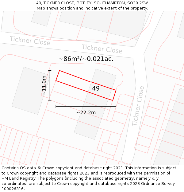49, TICKNER CLOSE, BOTLEY, SOUTHAMPTON, SO30 2SW: Plot and title map