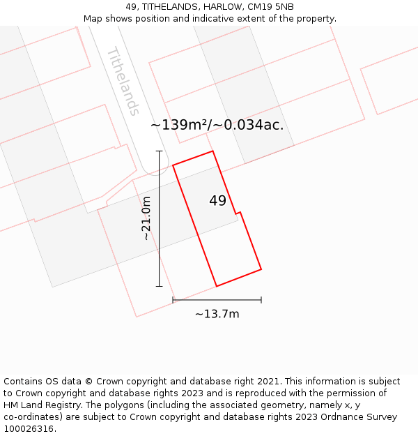 49, TITHELANDS, HARLOW, CM19 5NB: Plot and title map
