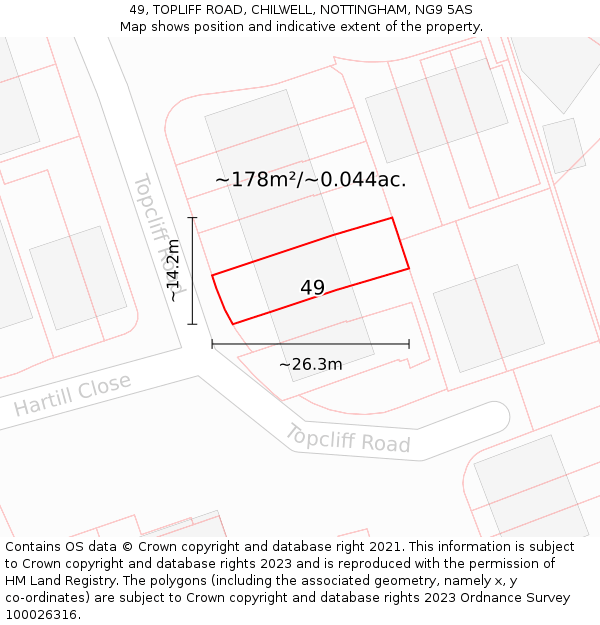 49, TOPLIFF ROAD, CHILWELL, NOTTINGHAM, NG9 5AS: Plot and title map