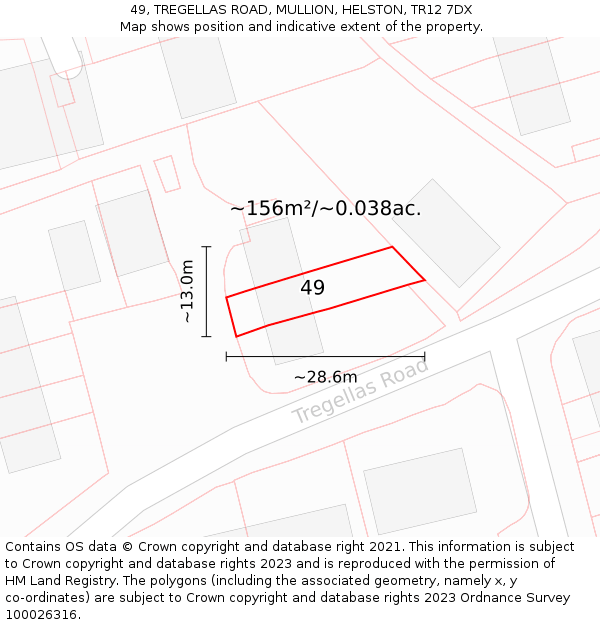 49, TREGELLAS ROAD, MULLION, HELSTON, TR12 7DX: Plot and title map