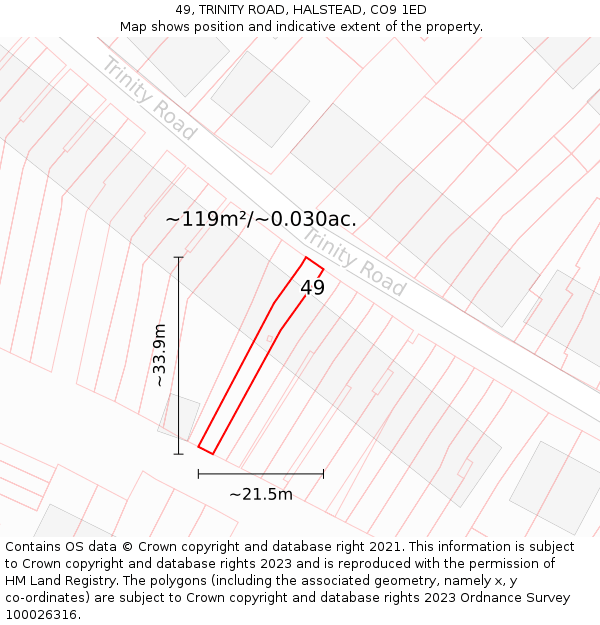 49, TRINITY ROAD, HALSTEAD, CO9 1ED: Plot and title map