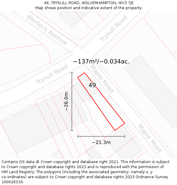 49, TRYSULL ROAD, WOLVERHAMPTON, WV3 7JE: Plot and title map