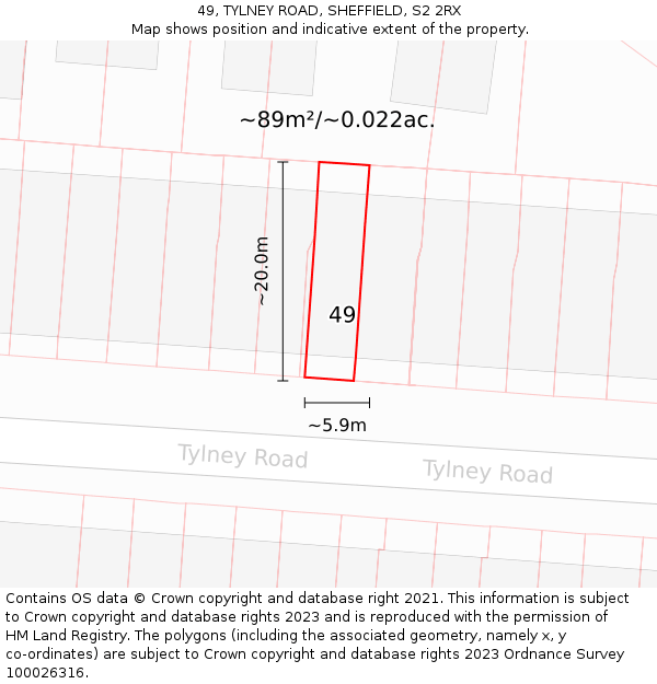 49, TYLNEY ROAD, SHEFFIELD, S2 2RX: Plot and title map