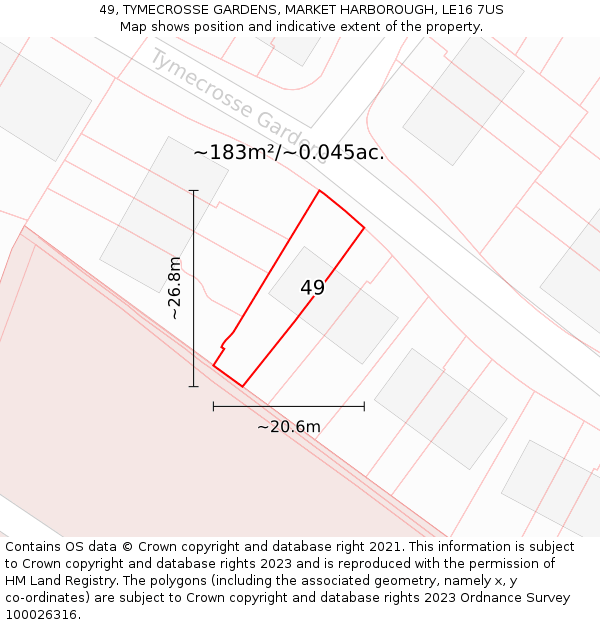 49, TYMECROSSE GARDENS, MARKET HARBOROUGH, LE16 7US: Plot and title map