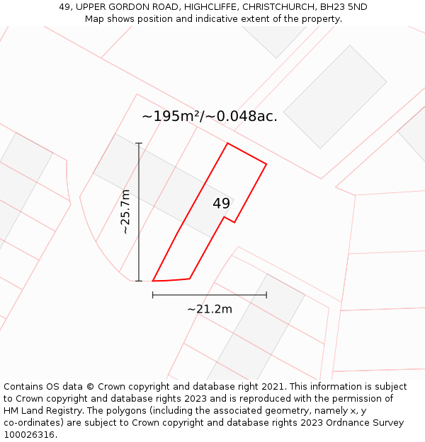 49, UPPER GORDON ROAD, HIGHCLIFFE, CHRISTCHURCH, BH23 5ND: Plot and title map