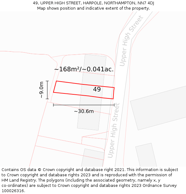 49, UPPER HIGH STREET, HARPOLE, NORTHAMPTON, NN7 4DJ: Plot and title map